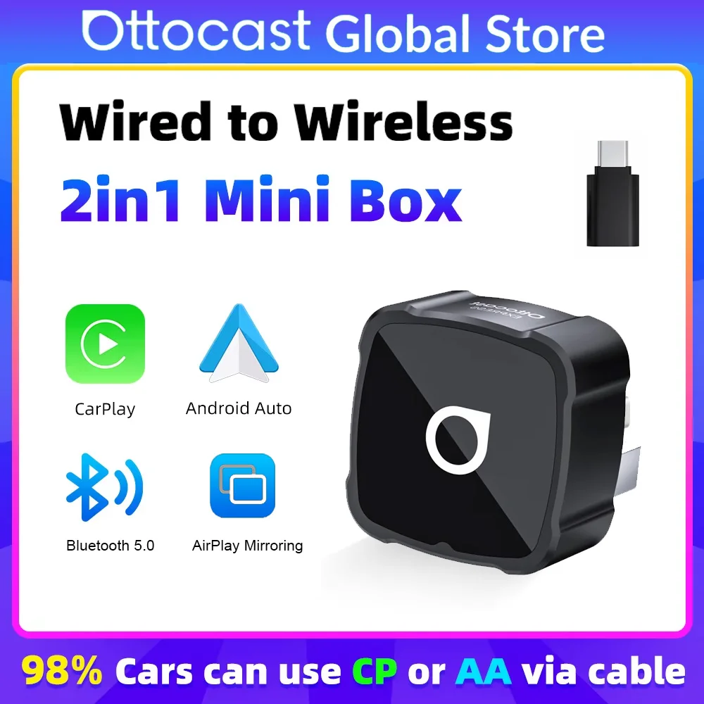 Ottocast Mini Air Wireless CarPlay Android Auto AirPlay Adapter 3-in-1 Plug-and-Play Wireless Mirroring für YouTube, TikTok, IPTV