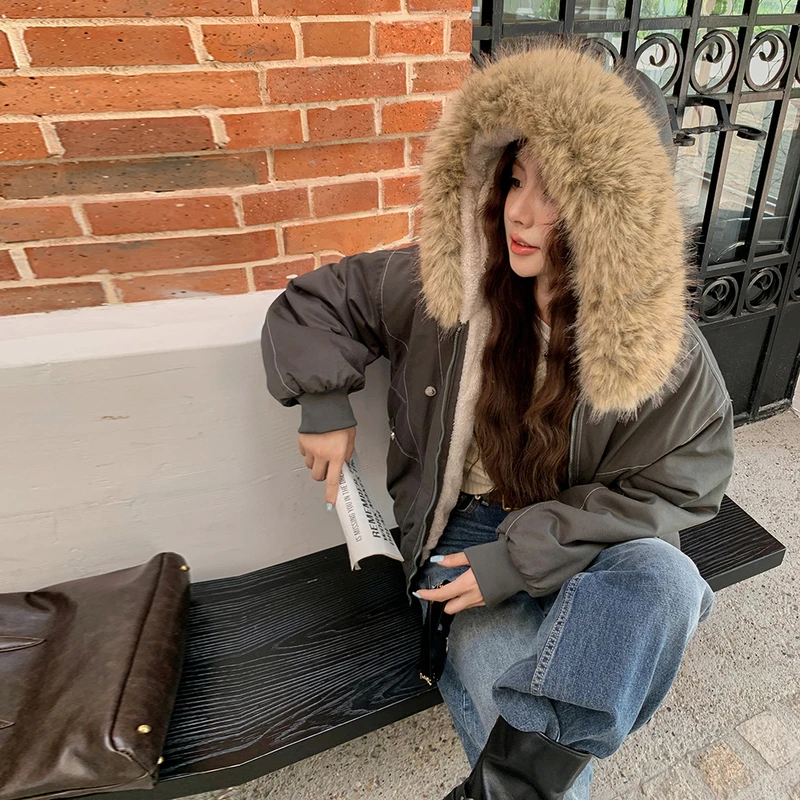 

Autumn Winte Cotton Padded Short Parkas Women Thick Warm Fur Collar Hooded Vintage Jacket Outerwear Female Oversize Casual Coat