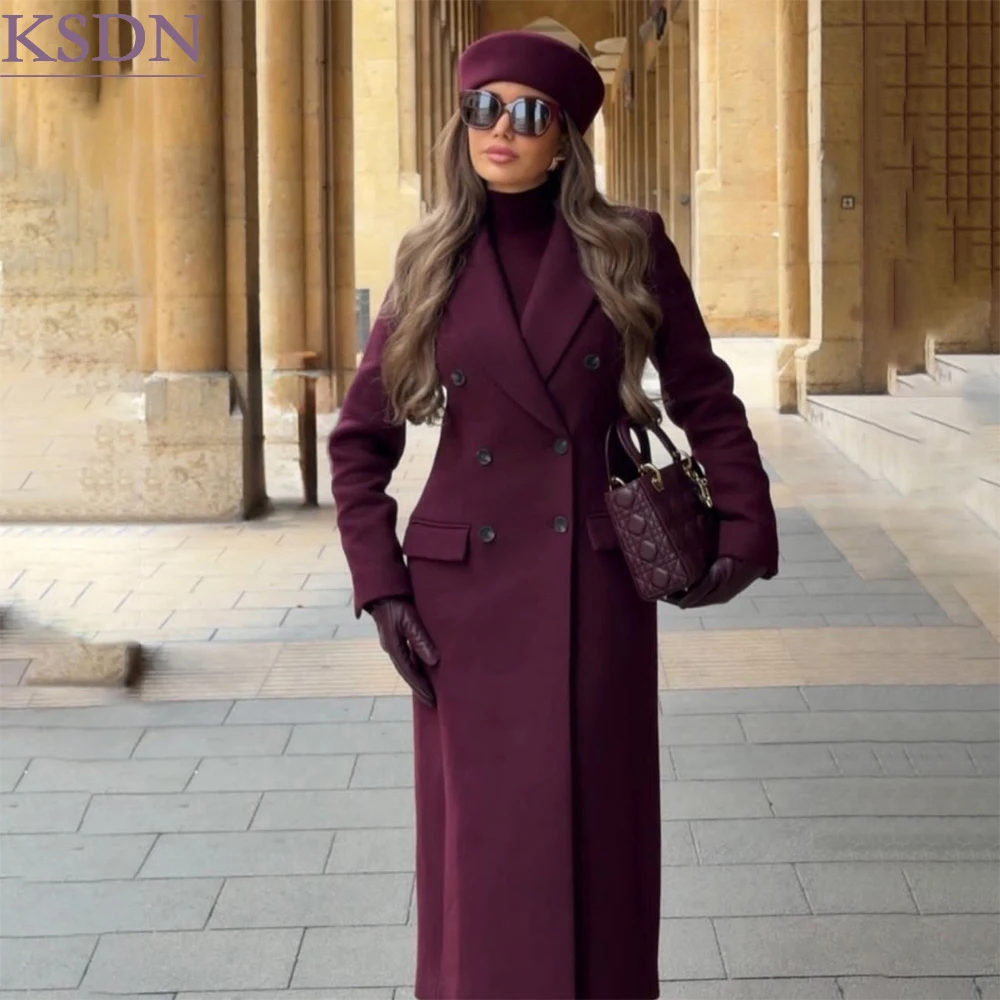 Burgundy Wool Overcoat Women Maxi Blazer Luxury Double Breasted Treach Coat Modest Winter Business Outear