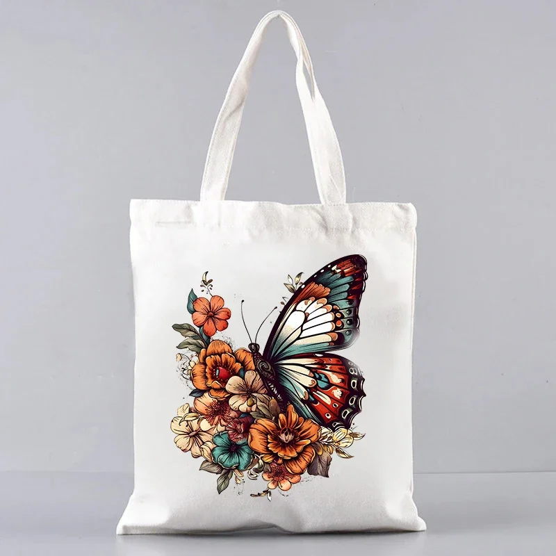 Wild Soul Floral Butterfly Pattern Canvas Bag Women Commuting Large Capacity Handbag Casual Tote Shopping Bags Gifts for Her