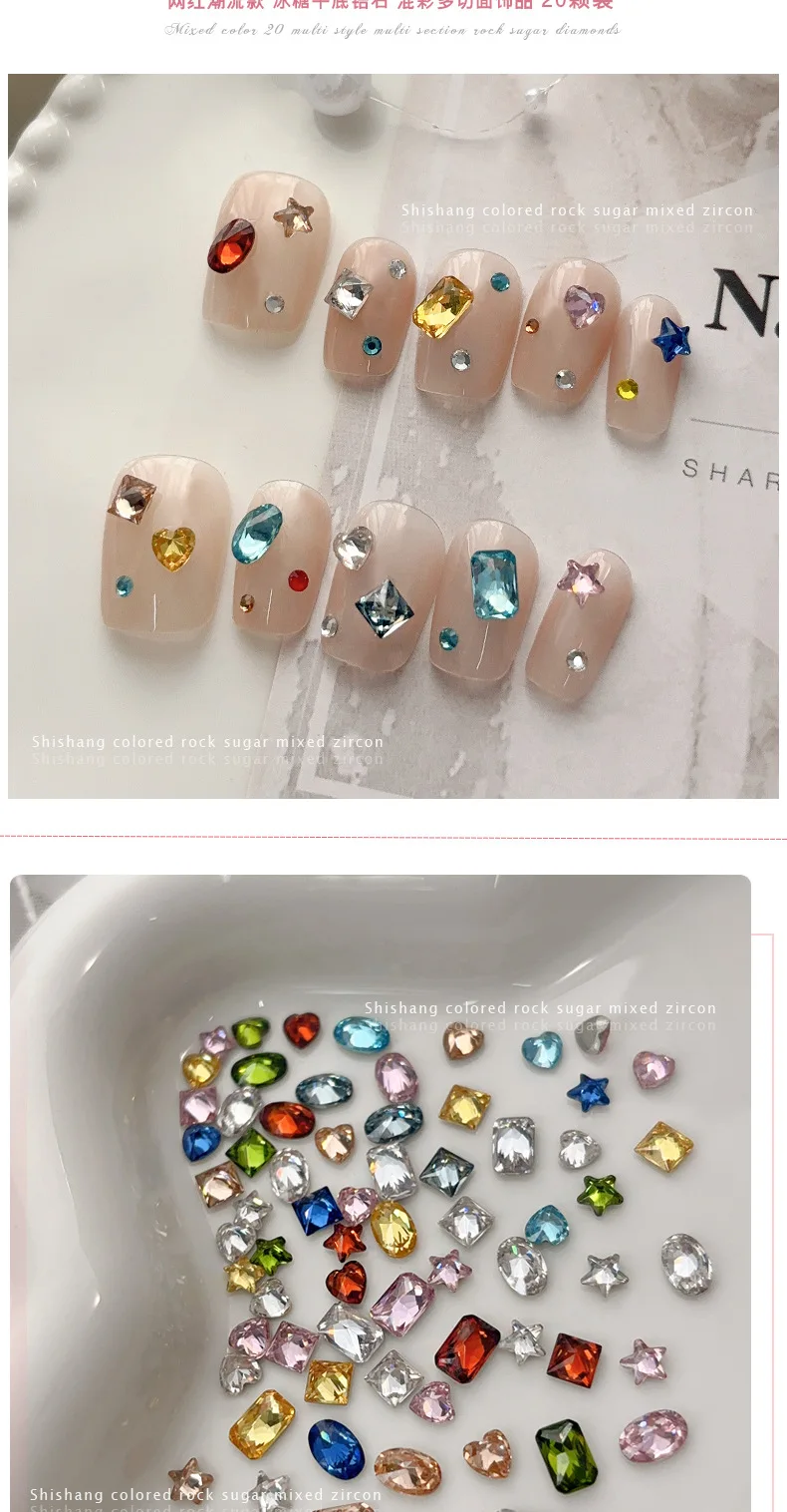 YYM 20 Stück Glänzende Diamant-Nagelkunst-Charms Bunte Flache Glas-Nagelsteine Gemischte Größen und Farben Funkelnde Nagel-Schmucksteine – Detail 3