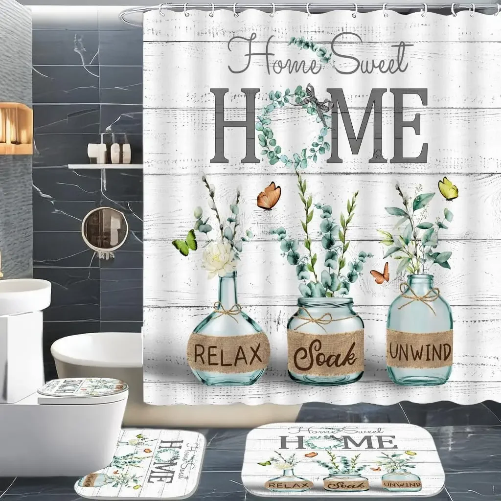 Vintage Vase Rustic Plank Shower Curtain and Rug Set Sunflower Daisy Lavender Shower Curtain Bath Mat Bathroom Decor Set