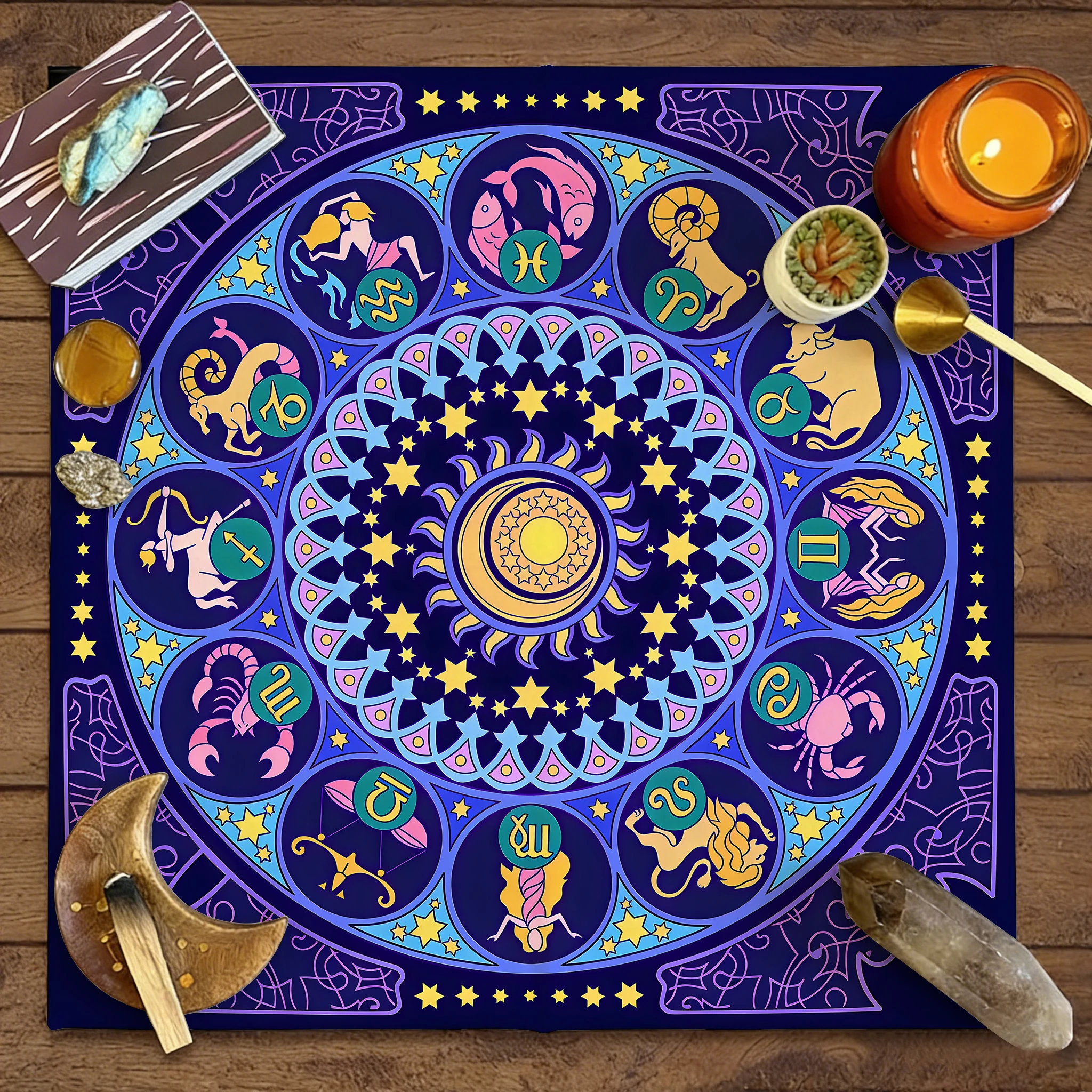 

1 скатерть для карт Таро, 12 ковриков для гадания по знакам зодиака, таинственная алтарная ткань с изображением солнца и луны, для колдовства и астрологии.