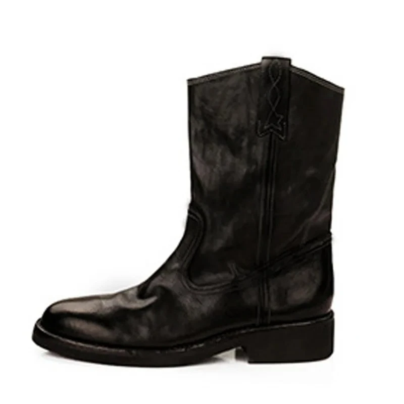 Aneikeh Black Fashion Women Retro Leather Short Cowboy Boots Hand Stitching Low Heel Slip on Vintage Western Boots