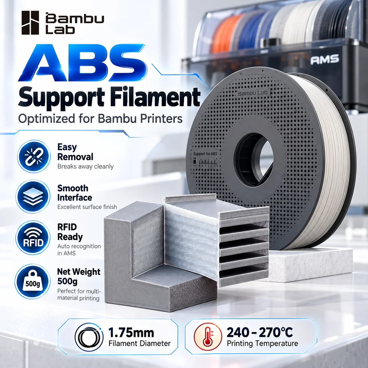 Bambu Lab Support for ABS Filament 1.75mm 500g Easy Removal Smooth Interface RFID Compatible with AMS