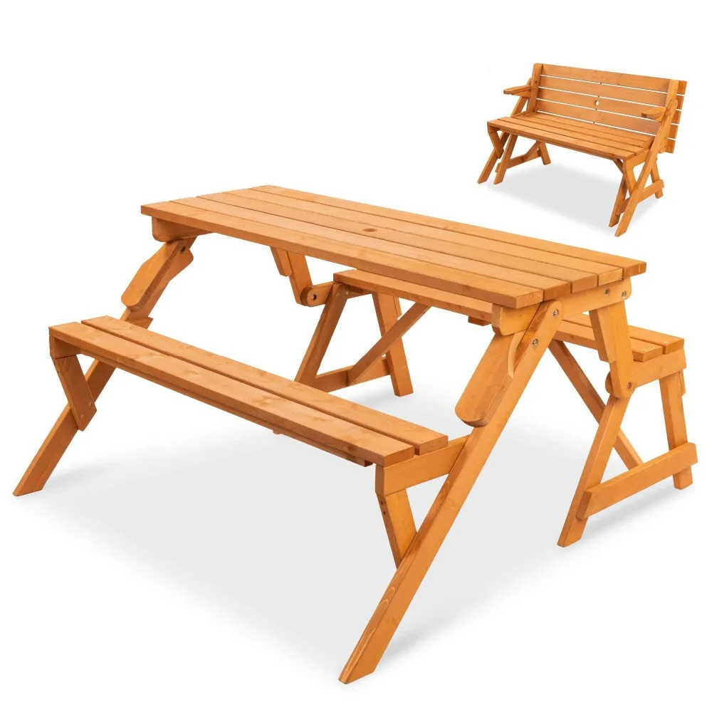 2-in-1 Transforming Interchangeable Outdoor Wooden Picnic Table Garden Bench for Patio, Deck w/Umbrella Hole