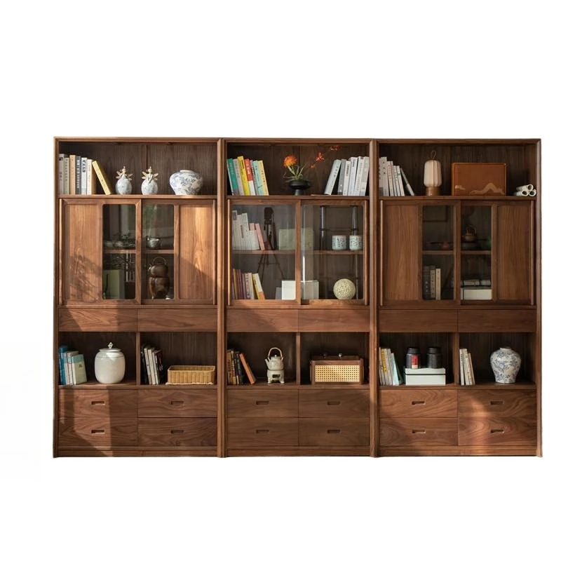 

Japanese solid cherry wood bookcase glass door Nordic black walnut bookshelf home floor combination