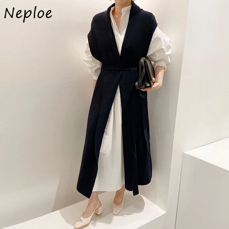 Neploe Korean Chic Solid Stand Collar Shirt Women Dress Puff Sleeve Belt Loose All-match Vestidos High Waist Long  Dress