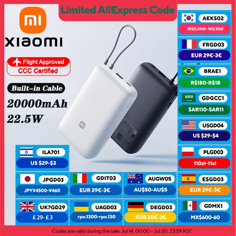 

XIAOMI 20000mAh 22.5W Power Bank with Built-in USB-C Cable, 3-Port Fast Charging, Dual Input/Output, for iPhone 15 16 Pro Max