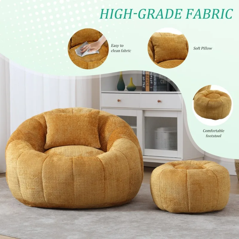 Yellow Corduroy Bean Bag Chair with Ottoman Comfortable Living Room Lounge Chair Soft Single Sofa Home Decor Furniture
