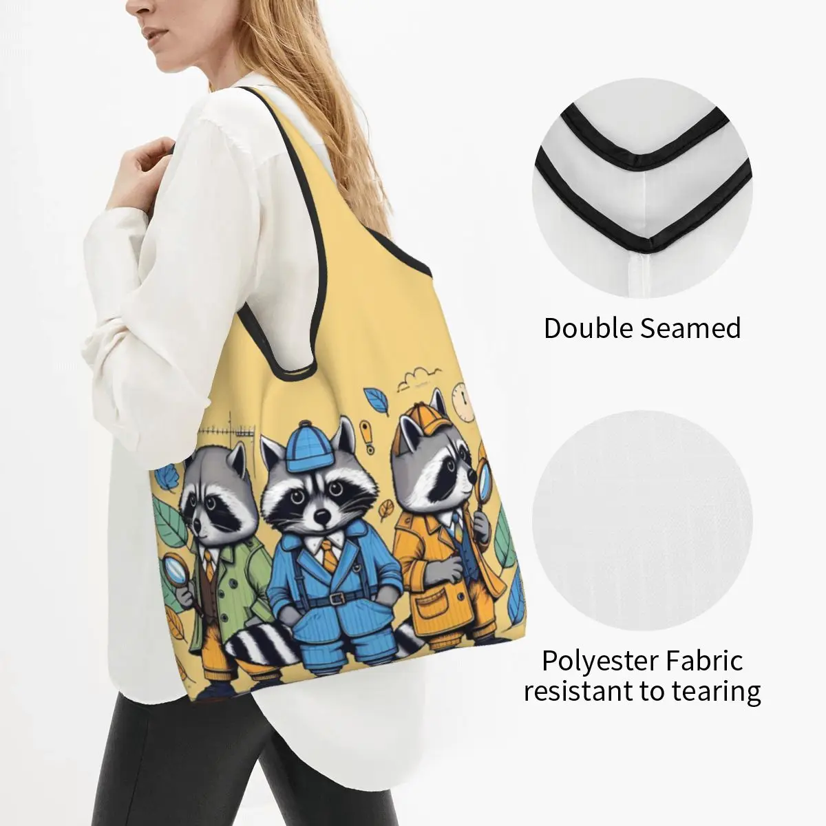 Raccoon Detectives Portable Tote Shopping Bags Reusable Shopper Bag Groceries Handbag Shoulder Bag