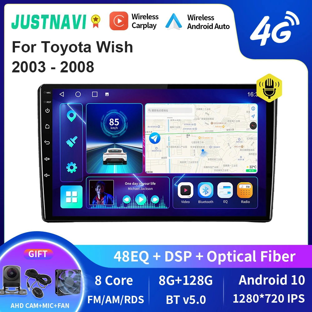 

JUSTNAVI QT10 беспроводной CarPlay Android авто радио для Toyota Wish 2003 - 2008 стерео автомобильный мультимедийный видеоплеер GPS DVD DSP BT