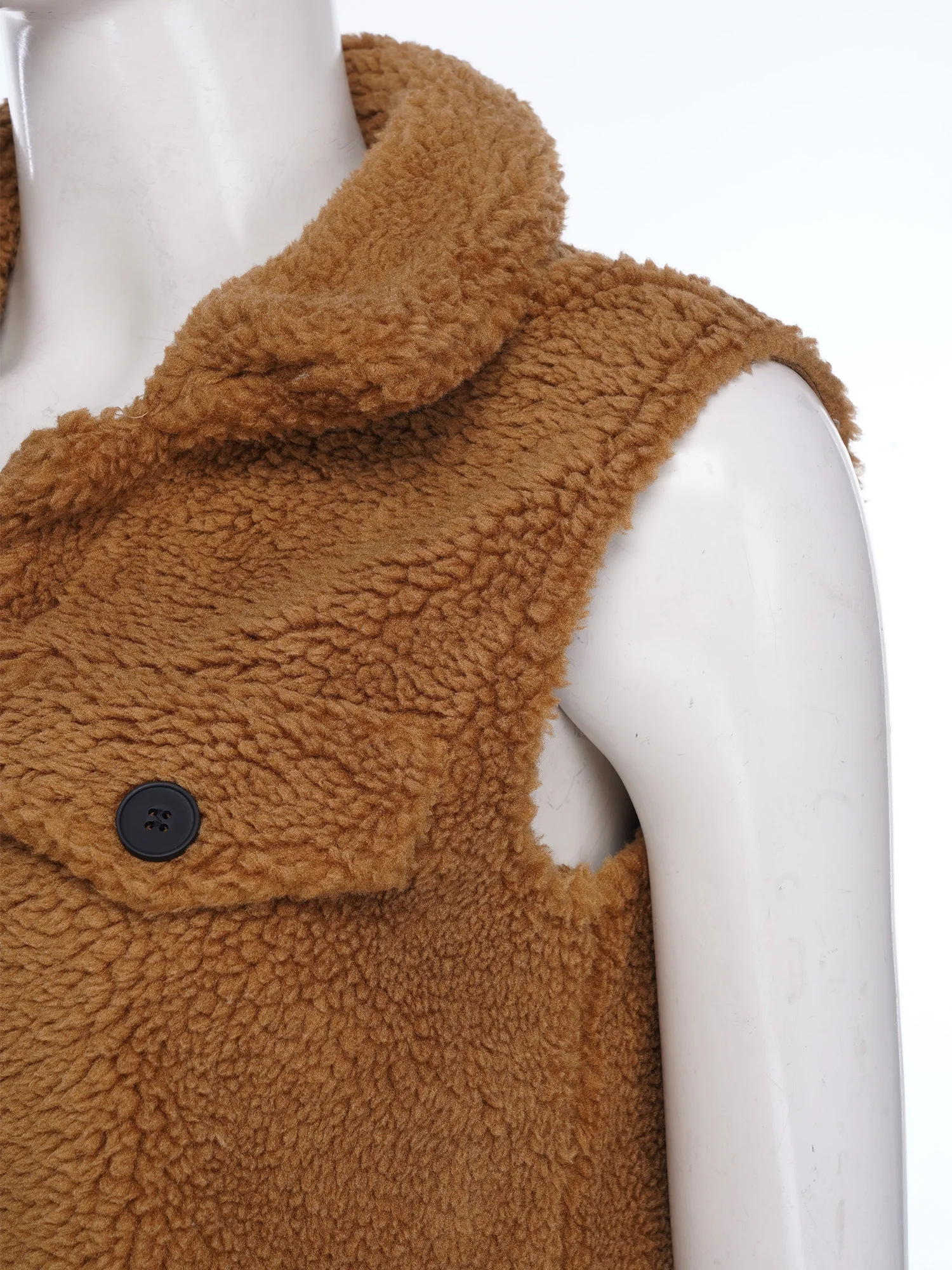 Womens Warm Fleece Sherpa Jas Revers Mouwloos Front Button-down Fake Flap Pockets Vest Bovenkleding voor Dagelijks Vrijetijdskleding