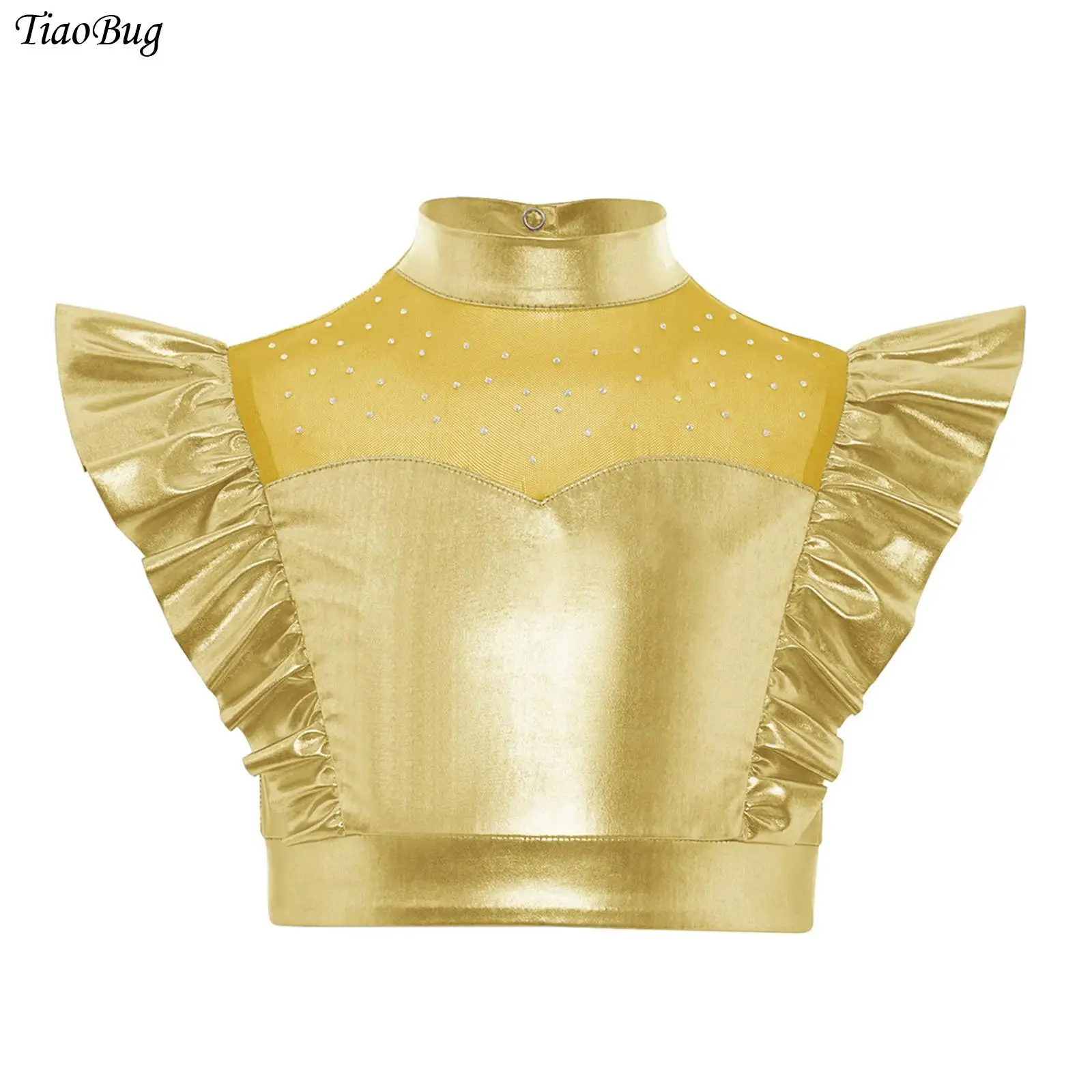 

Kids Girls Metallic Shirts Tank Tops Disco Jazz Dance Top Mock Neck Mesh Patchwork Shiny Rhinestone Sleeveless Ruffle Crop Tops