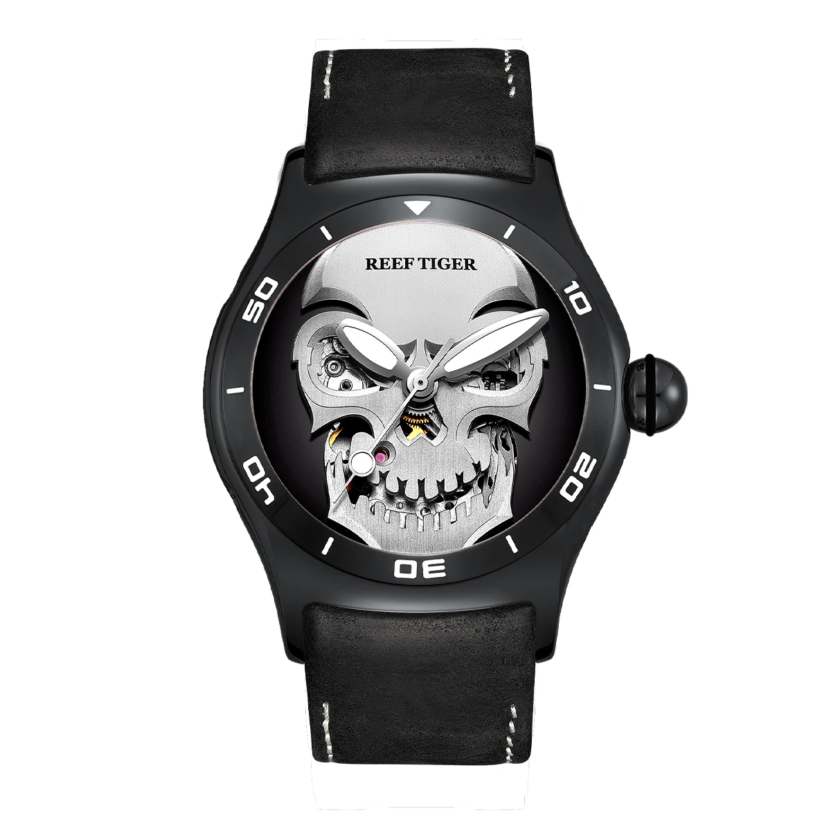 Reef Tiger/RT Steel Waterproof Mens Skull Skeleton Watches Top Brand Luxury Mechanical Sport Leather Male Watch RGA70S7