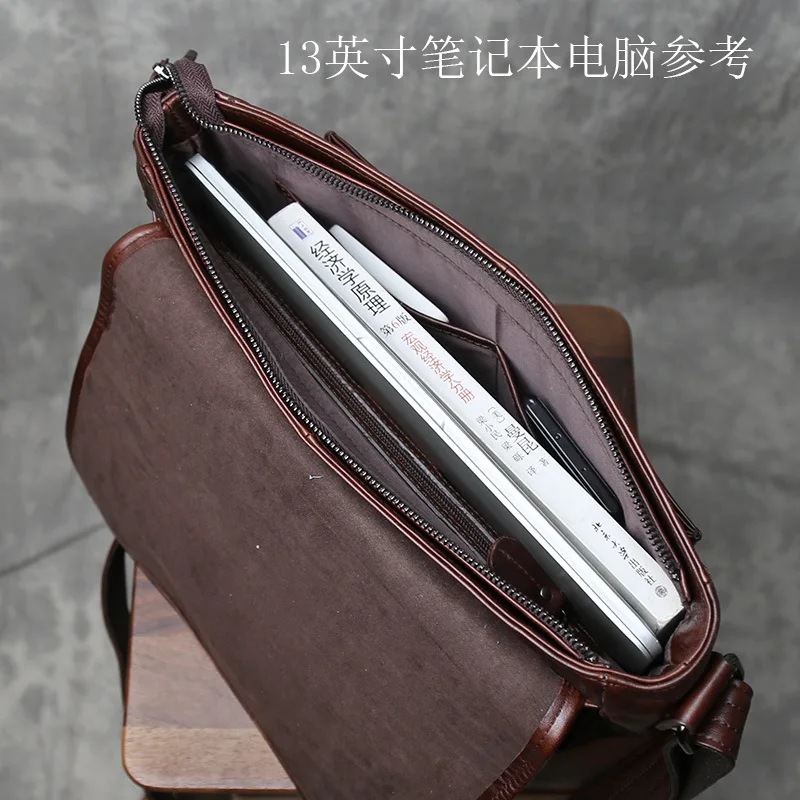 In Stock Retro Leather Men's Bag Crossbody Bag Casual Top Layer Cowhide Cover Shoulder Bag Large Capacity Mailman Bag