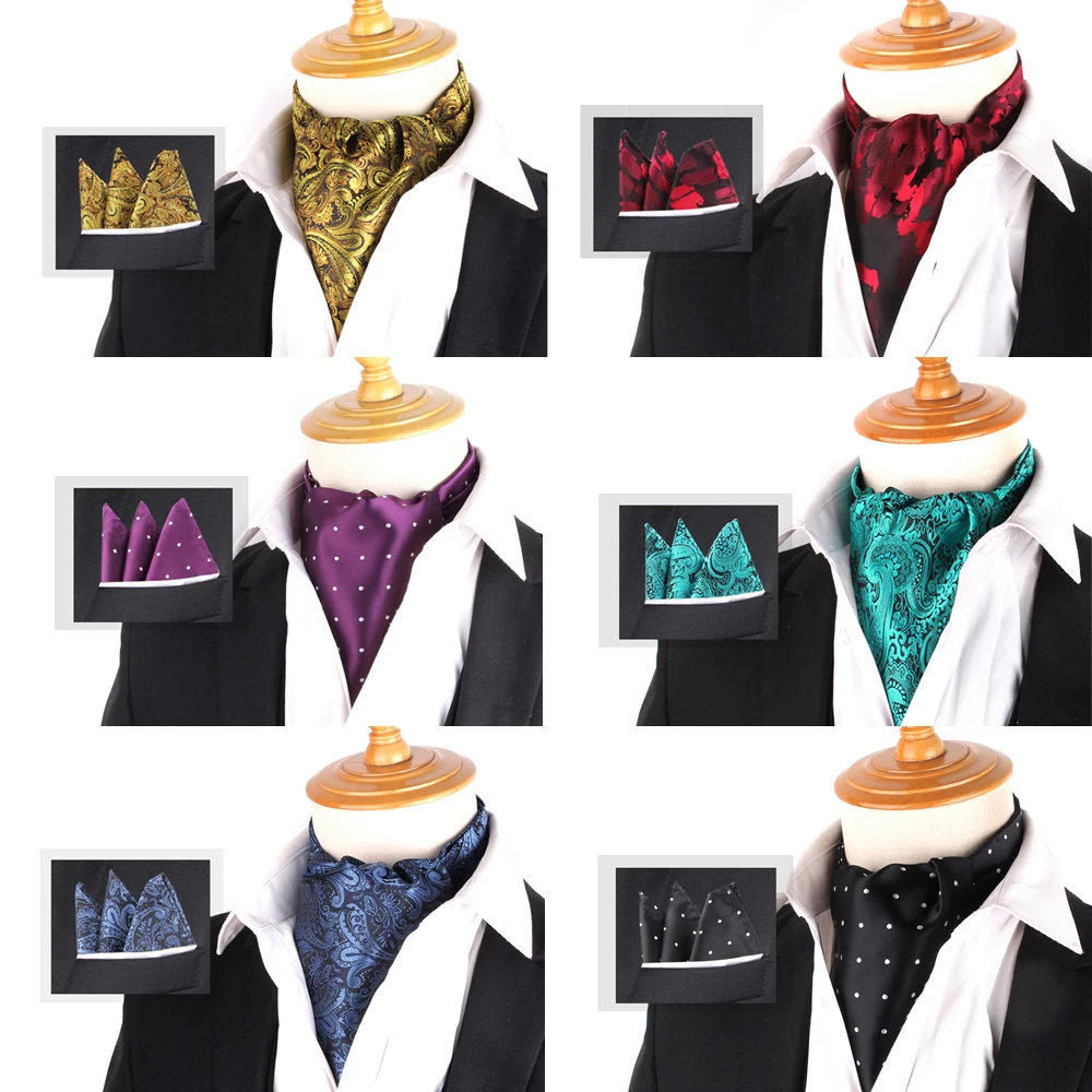 

Men Cashew Tie and Pocket Square Set Wedding Cravat Ascot Scrunch Self British Polyester Soft Paisley Neck Tie Handkerchief Sets