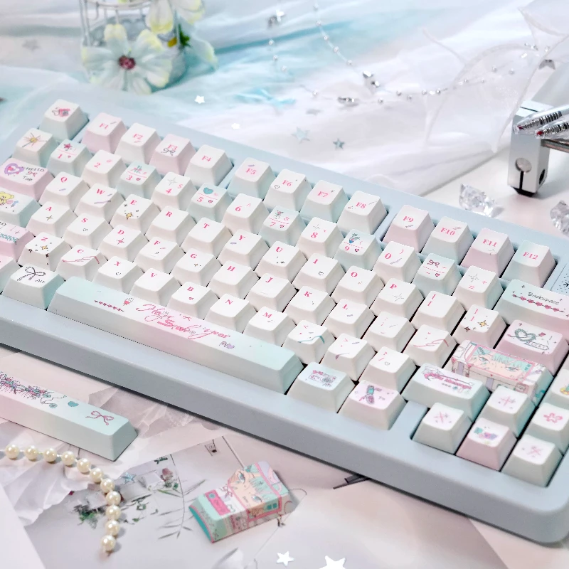 Qingxi Diffuse Light Keycap Custom PBT Cherry Profile Key Cap Cute Flower Cartoon Anime Point Key Caps Artisan Original Design