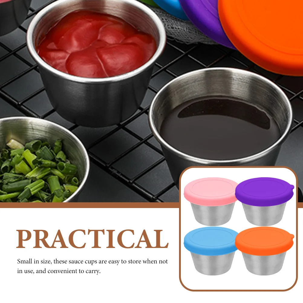 

4 Pcs Stainless Steel Containers Reusable Leakproof Sauce Cups Silicone Lids for Kitchen Home Restaurant Small Size Storage
