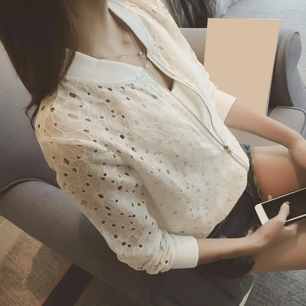 Jaket wanita lengan panjang, pakaian renda musim panas wanita, jaket wanita nyaman, berongga, lengan panjang, tabir surya, renda tipis