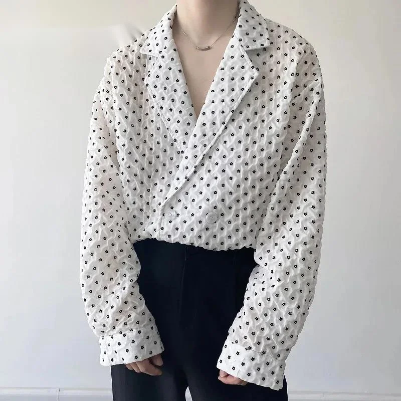 Niche Design Men's Shirts Lapel Contrast Color Pleated Printing Long Sleeved Double Breasted Loose Male Tops Trendy CVBG3