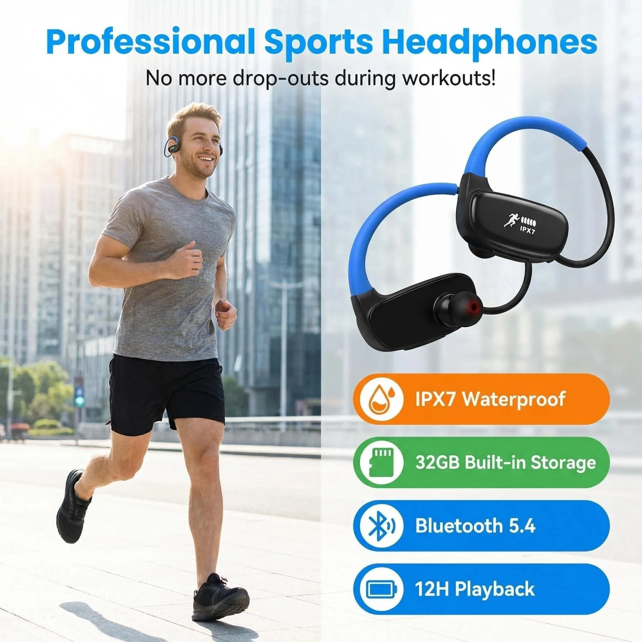 

Беспроводные наушники, Bluetooth 5.3 Наушники Bluetooth Наушники с микрофоном с шумоподавлением IP7 Водонепроницаемые наушники-вкладыши для занятий спортом