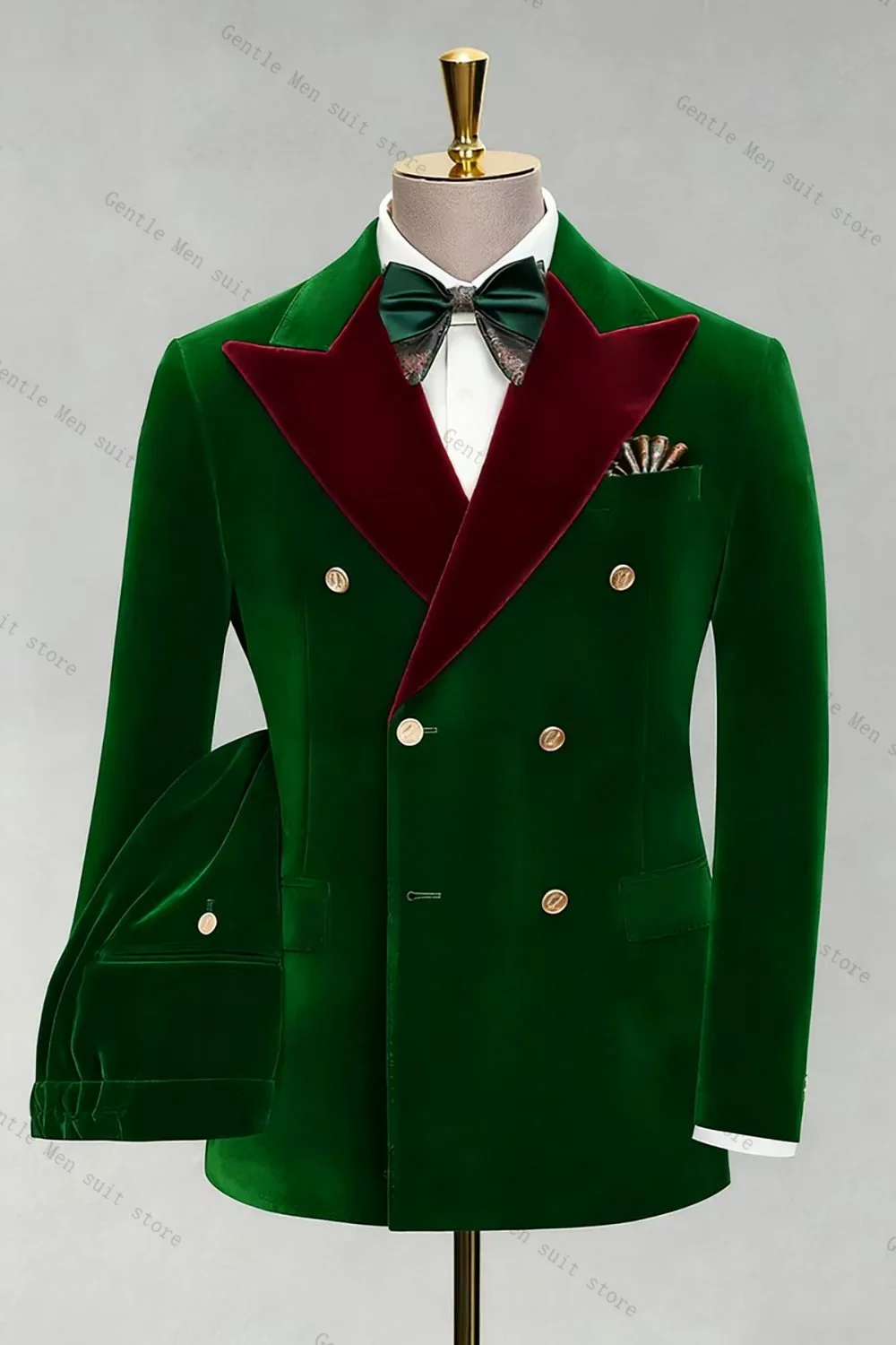 Conjunto de traje de novio verde para hombre, chaqueta de 2 piezas + pantalones, esmoquin de terciopelo para boda de otoño, chaqueta Formal de oficina, abrigo para graduación personalizado