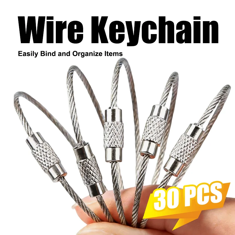 30PCS 1.5*150mm Stainless Steel Wire Key Ring Cable Loop Screw Lock for Outdoor Camp Luggage Tag