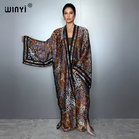 WINYI leopard print kimono kaftan beach wear Cardigan evening dress abaya dubai luxury cover-ups beach outfits women party dress