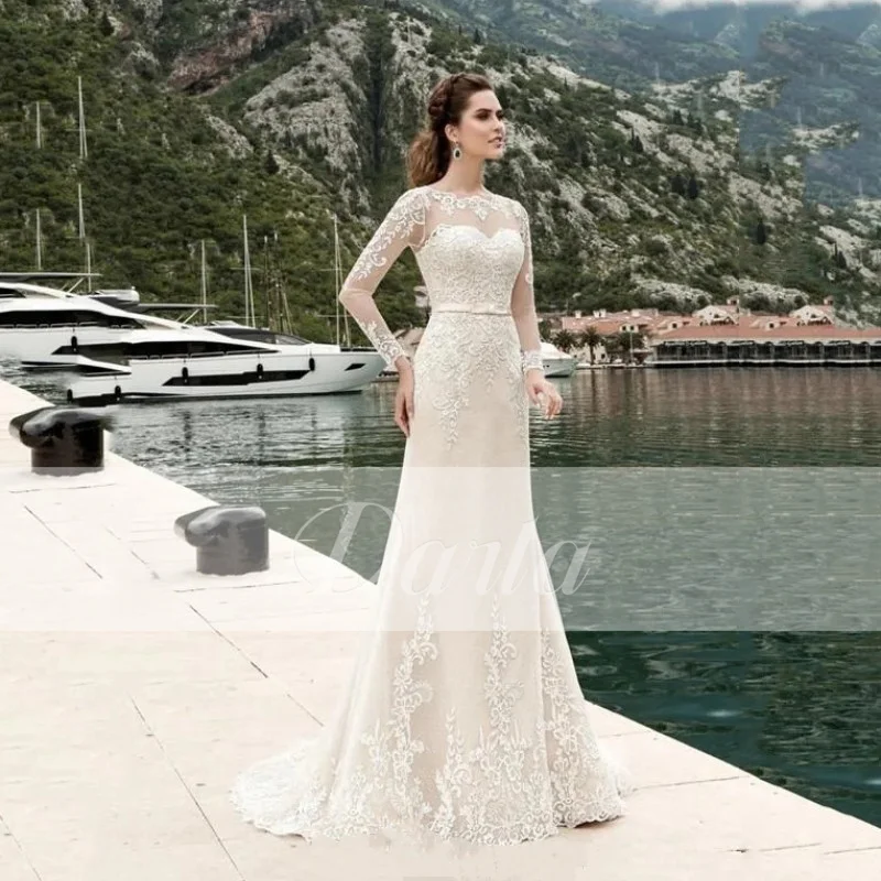 Vestidos de novia sexis con corte de sirena 2025, escote en forma de corazón, manga larga, tren desmontable, 2 en 1, cinturón de encaje, Vestidos de boda personalizados