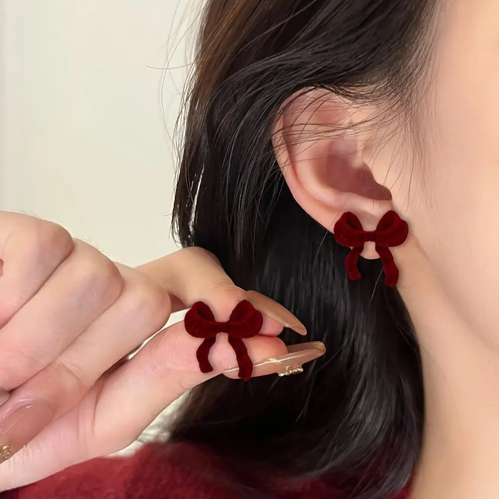 Wine Red Flocked Bow Earrings, Cute Vintage Winter Earrings, Valentine Gift Earrings for Daily Party