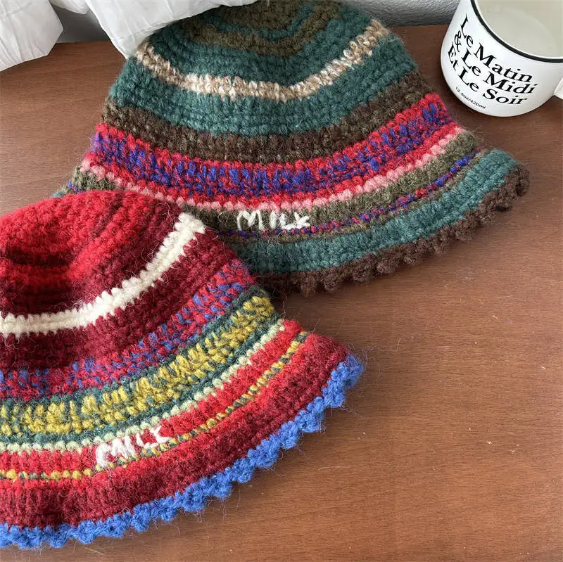 Niche Designer Handmade Bucket Hat Retro Color Line Stripe Contrasting Color Layering Show Face Small Basin Caps for Woman Men