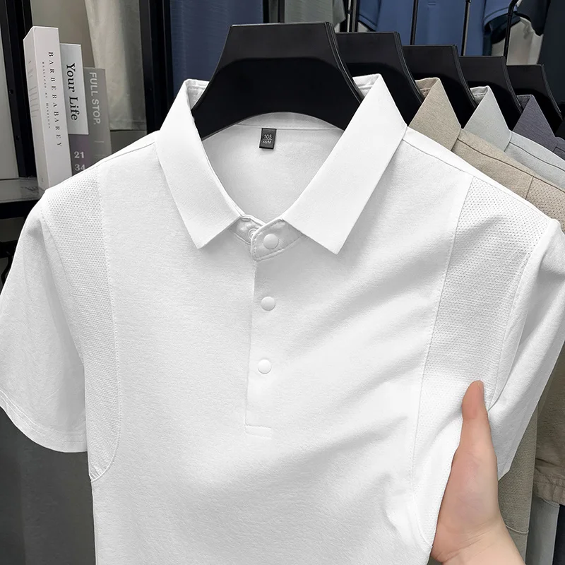 Slim-Fit-Poloshirt mit halber Knopfleiste für Herren, belüftete Seitenpaneele, Business-Meeting, Kurzstreckenreise, Kleidungsstück – Detail 25
