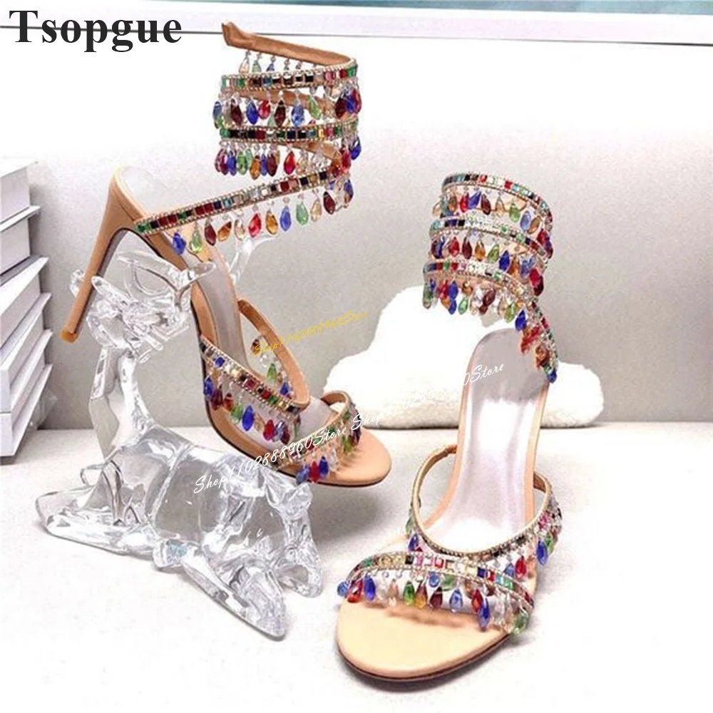 Trendy Serpentine Twine Apricot Crystal Sandals Thin High Heel Women Shoes Twine Strap Open Toe 2024 Fashion Zapatos Para Mujere