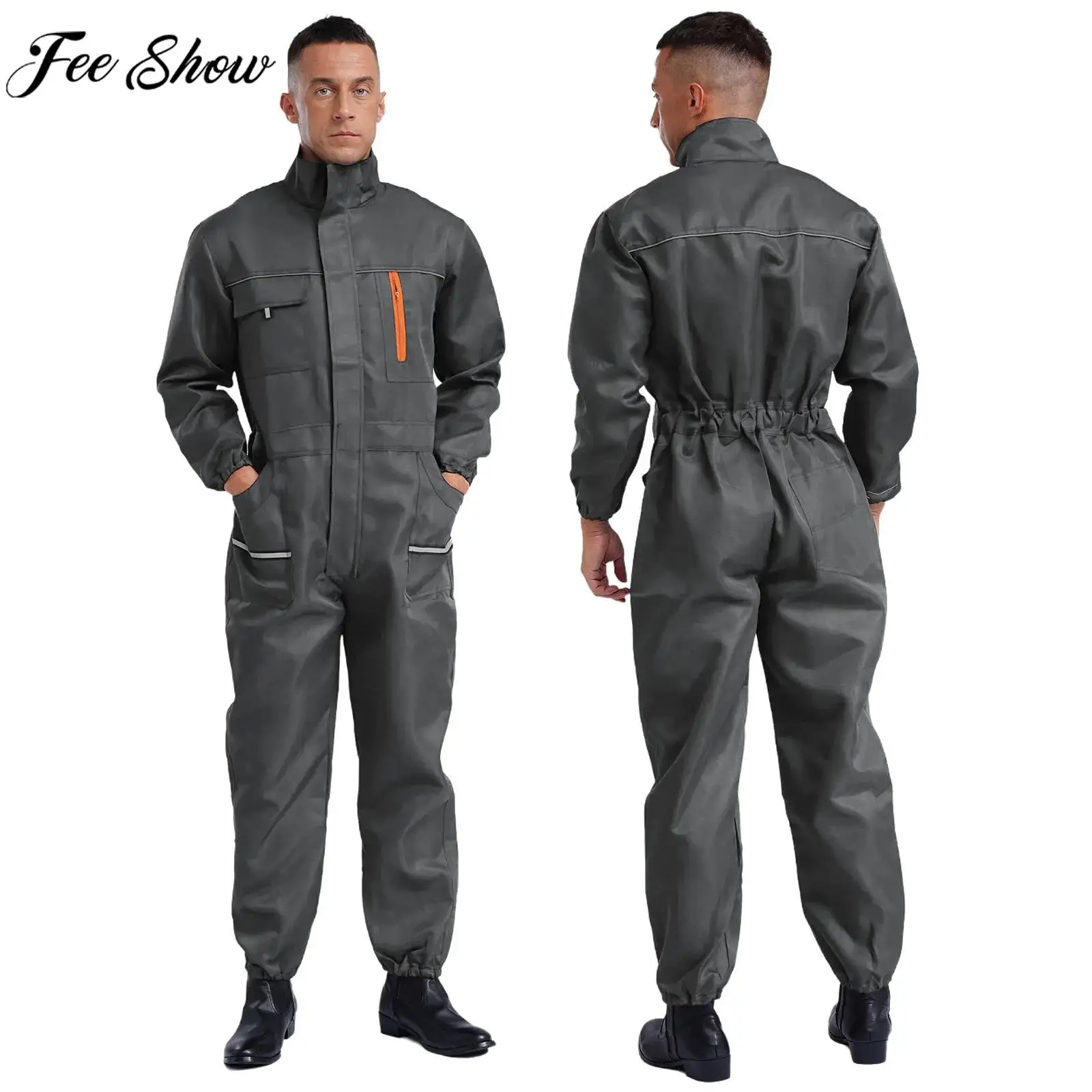 

Unisex Adult Long Sleeve Reflective Stripe Wear Resistant Coveralls Workshop Uniform Labor Spray Paint Maintenance Work Jumpsuit