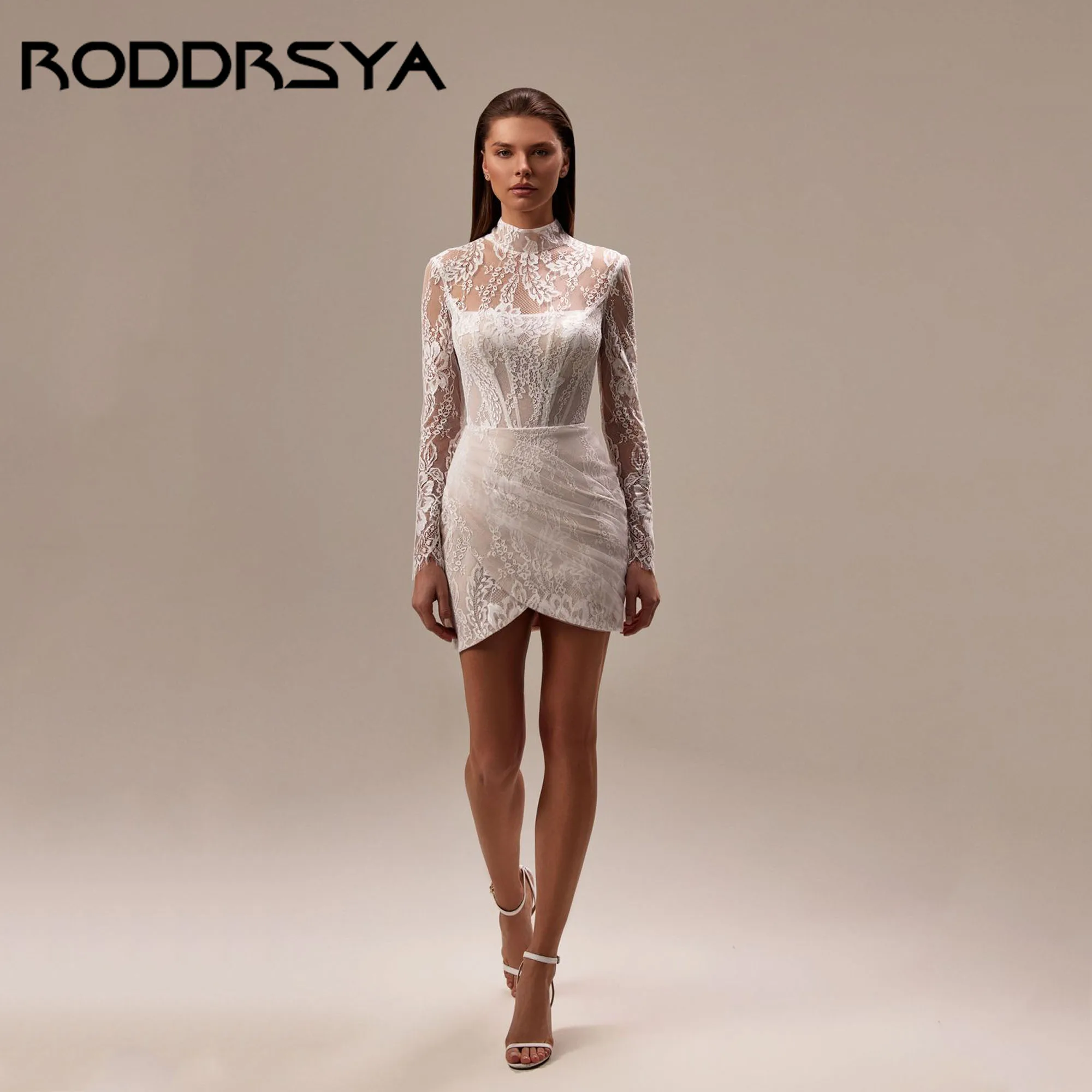 

RODDRSYA Short Lace Wedding Dress Long Sleeves Mermaid with Detachable Train High Neck for Women's vestido de novia Custom Made