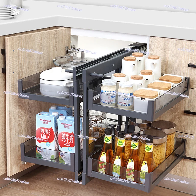 

Household Kitchen Universal Magic Corner Cabinet Blind Angular Oscillation Tray Pull Out Cabinet Magic Corner Glass Gray Basket