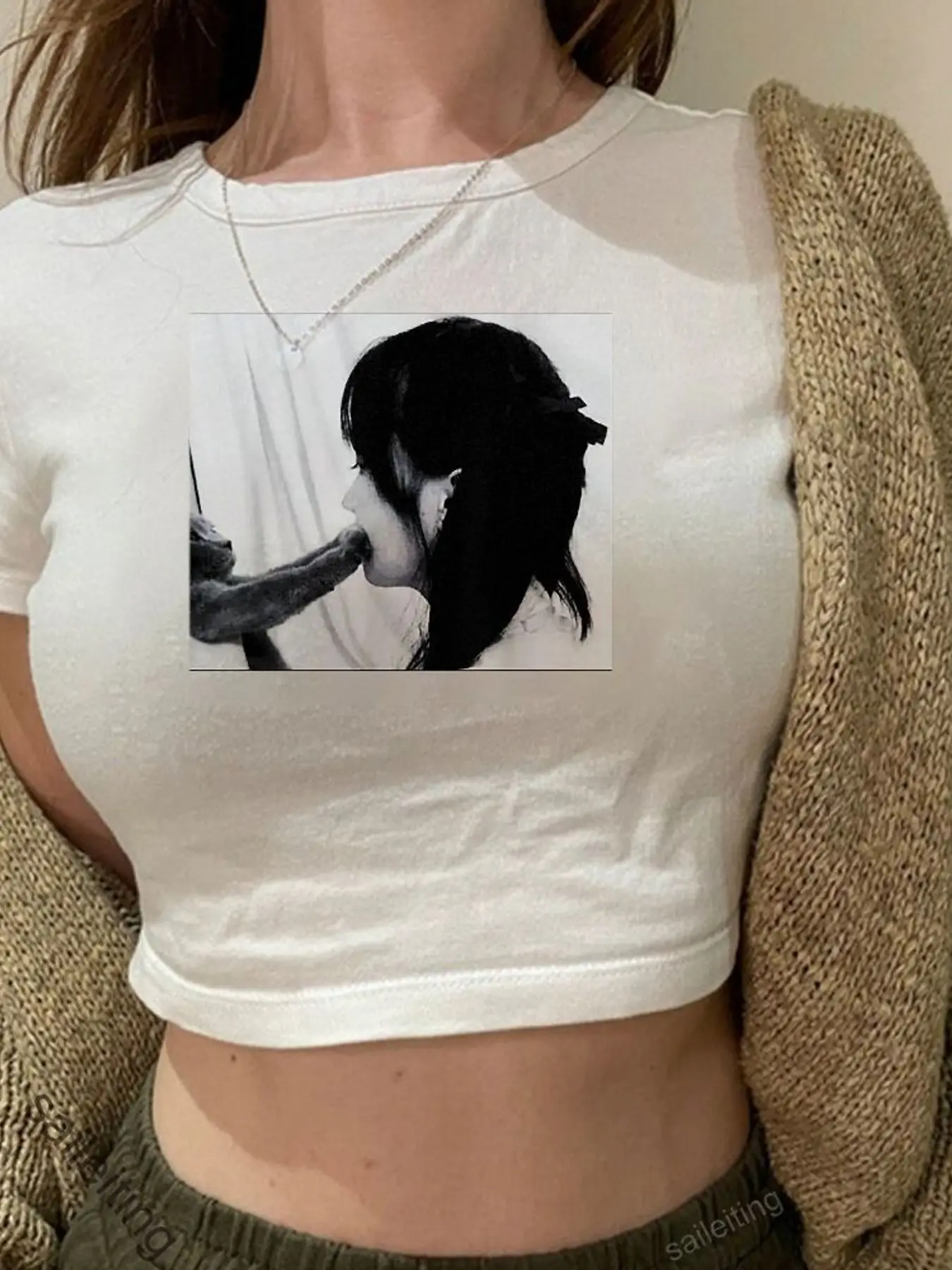 Women's White Short Sleeve Crop Top with Black and White Graphic Print of Woman Kissing Animal Paw, Casual Summer Breathable