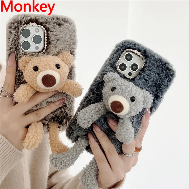 3D Cute Rabbit Fluffy Plush Bear Phone Case For Xiaomi Redmi 8A 7A 6A Note 8T 8 7 6 Mi Poco F3 F2 F1 X4 X3 M4 M3 Pro Soft Cover