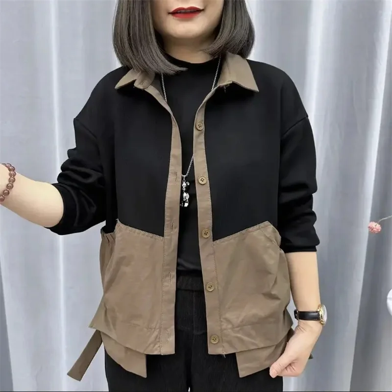 

Spring 2023New Style Jacket Women Fashion Joker Coat Splicing Outerwear Solid Color Long Sleeve Large Size Shirt Overcoat Female