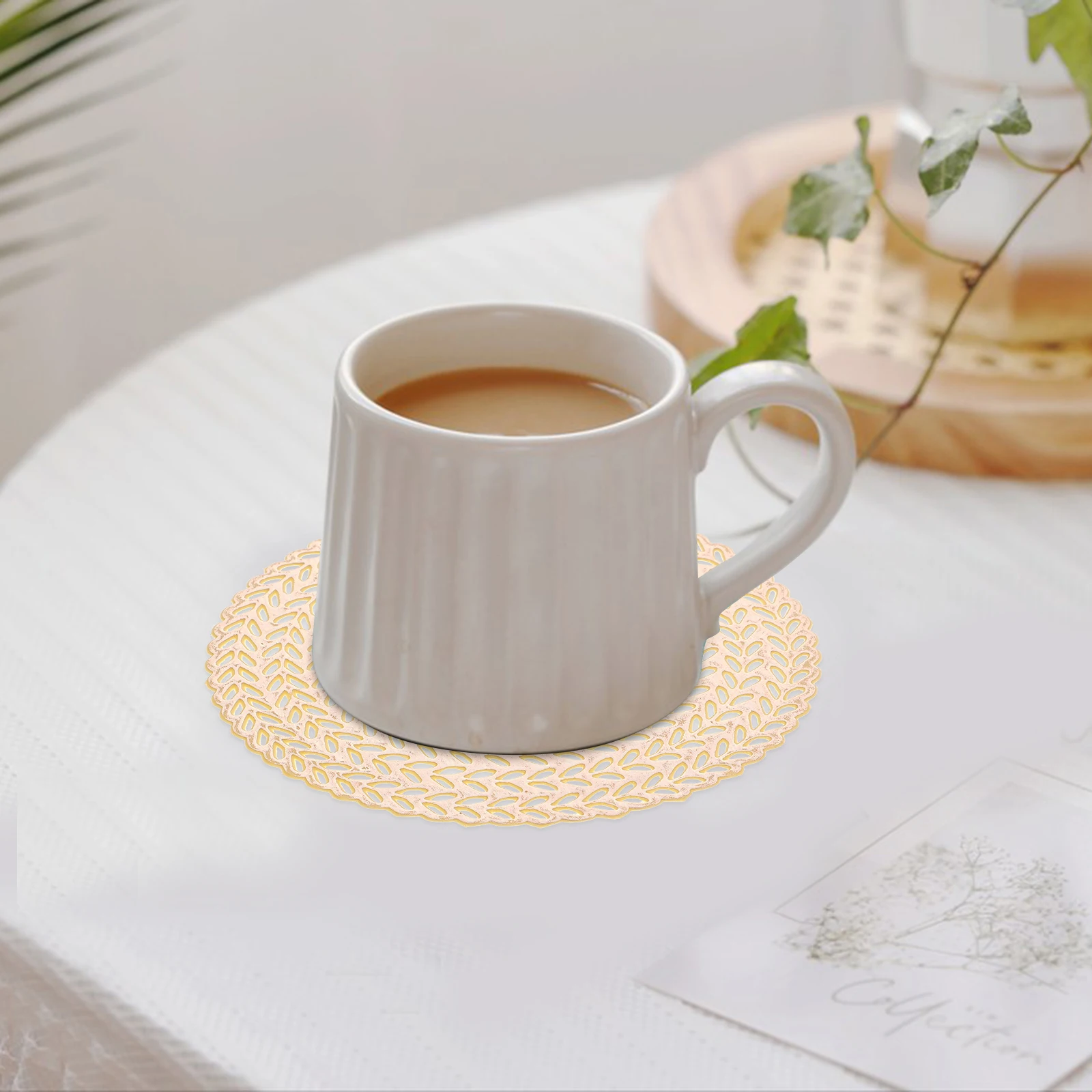 

10pcs Golden Pvc Non Slip Coasters Cup Coaster Round Hollow Design Table Mats Kitchen Accessories Coffee Station Reusable