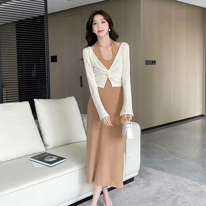 Autumn 2PCS Sexy Halter Backless Dress Twisted Sunscreen Shirt for Women Korean Slim Fit and Slimming Temperament Elegant Dress