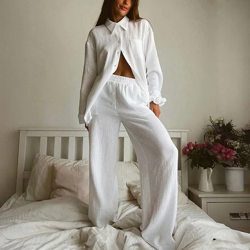 Fmxires pur coton chemise pantalon costume femmes décontracté revers haut plissé pantalon ample maison vêtements ensemble 2025 automne mode dame