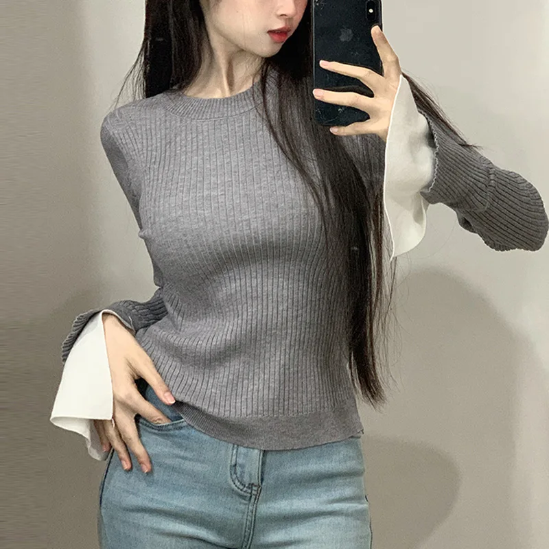 Korejpaa 2024 Autumn Winter Clothes Base Pullover Korean Style Contrast Color Long Sleeve Top Outwear Casual Slimming Sweaters