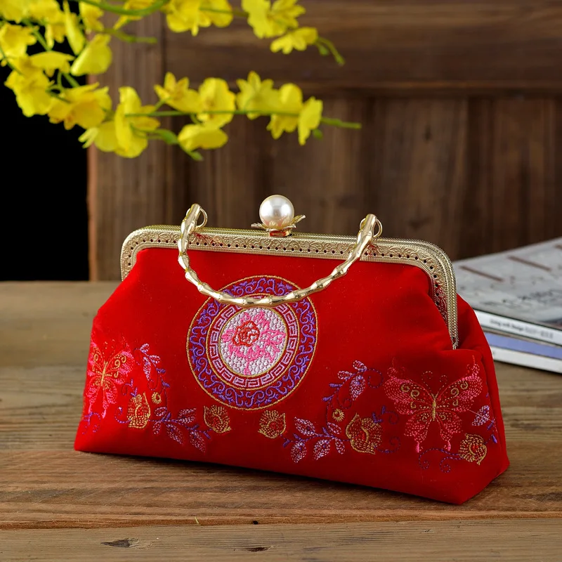 Velvet Retro Clutches Vintage Flower Embroidery Fine Evening Bags For Women Metal Handle Handbags Chain Shoulder Crossbody Bags