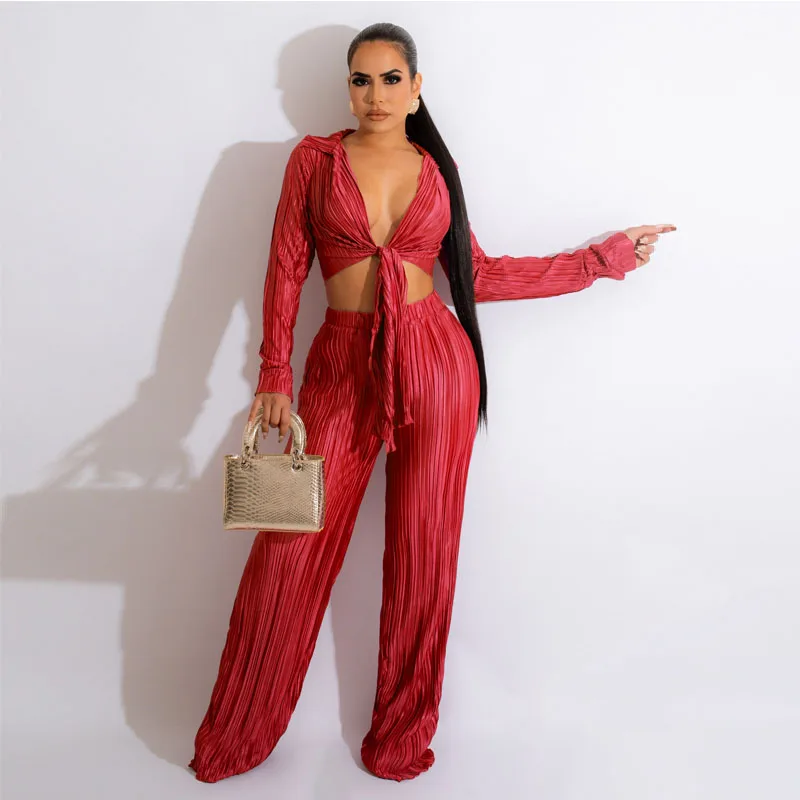 Elegant Pleated Ladies 2 Piece Set Women Sexy Up V Neck Long Sleeve Crop Top and Loose Pleated Pants Casual High Quality Sets