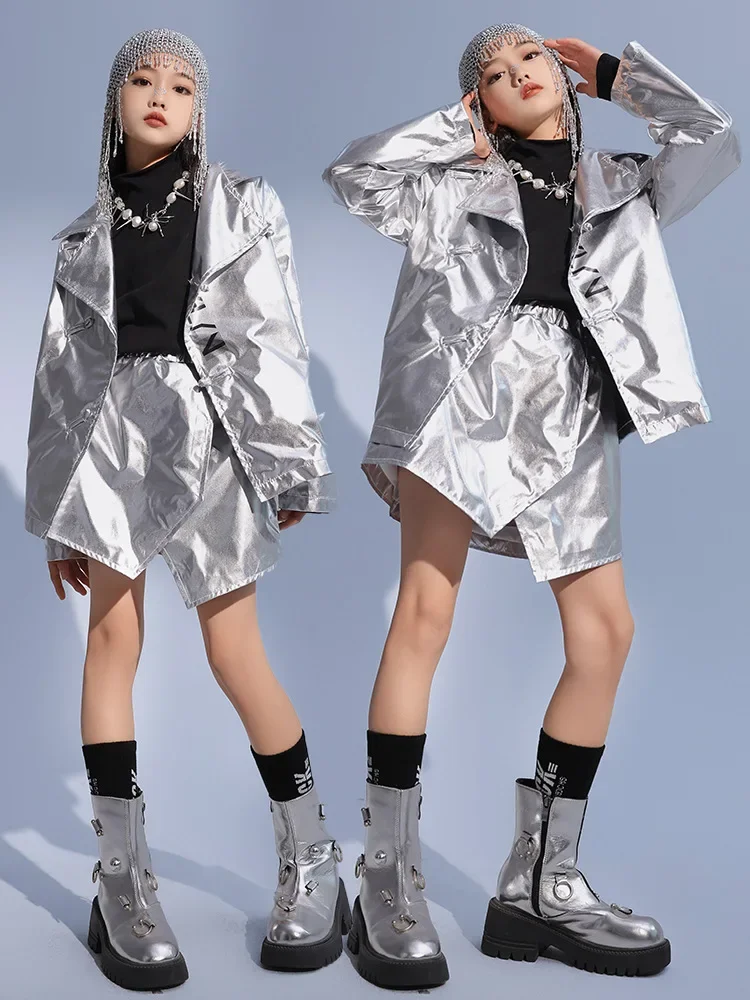 Abbigliamento Hip Hop per ragazzi Top con paillettes argento Pantaloni corti argento per ragazze Abiti per costumi da ballo jazz per bambini