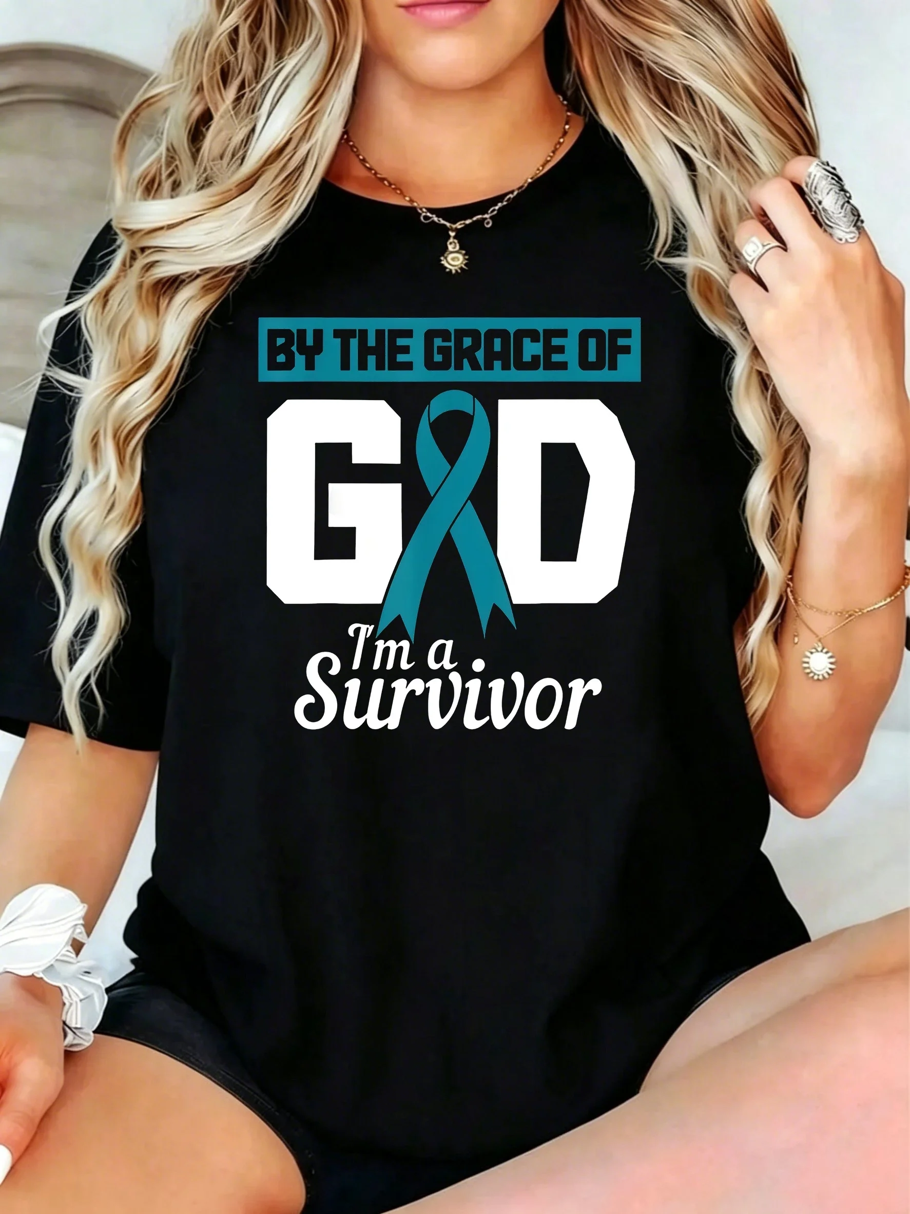 1Pcs Plus Size Women T-Shirt, by the Grace of God Teal Ribbon Awareness Shirt, Loose Type Shirt for Women