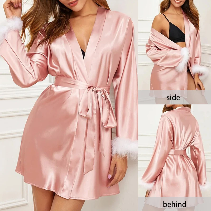 Sexy New Women\'s Plain Satin Long Robe Cardigan with Feather Cuffs and Waistband Loose and Comfortable Pajamas