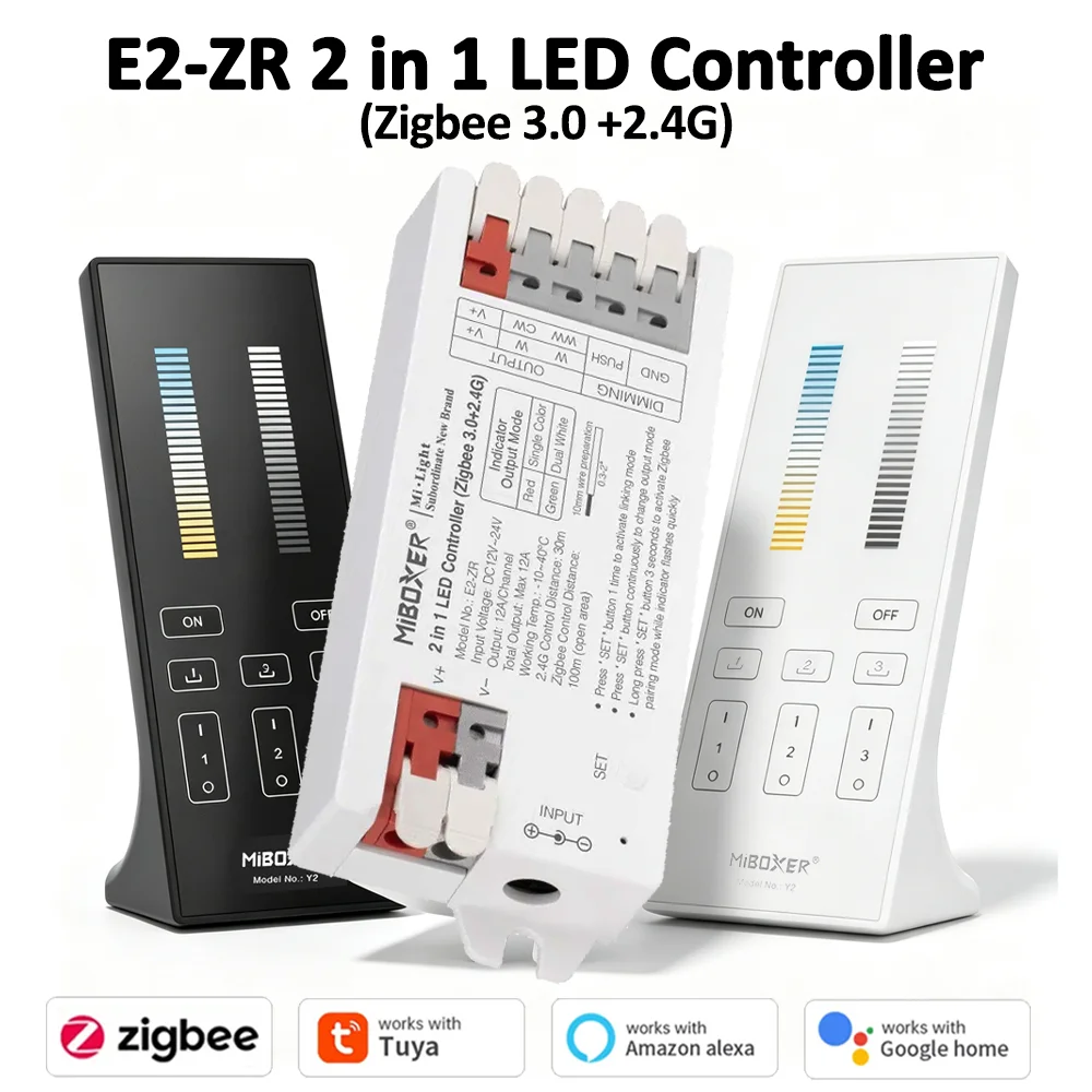 Zigbee 3.0+2.4GHzRF E2-ZR 2In1 Smart LED Controller Single/Dual Color LED Strip Dimmer 2.4G Remote Control for Alexa Google Echo